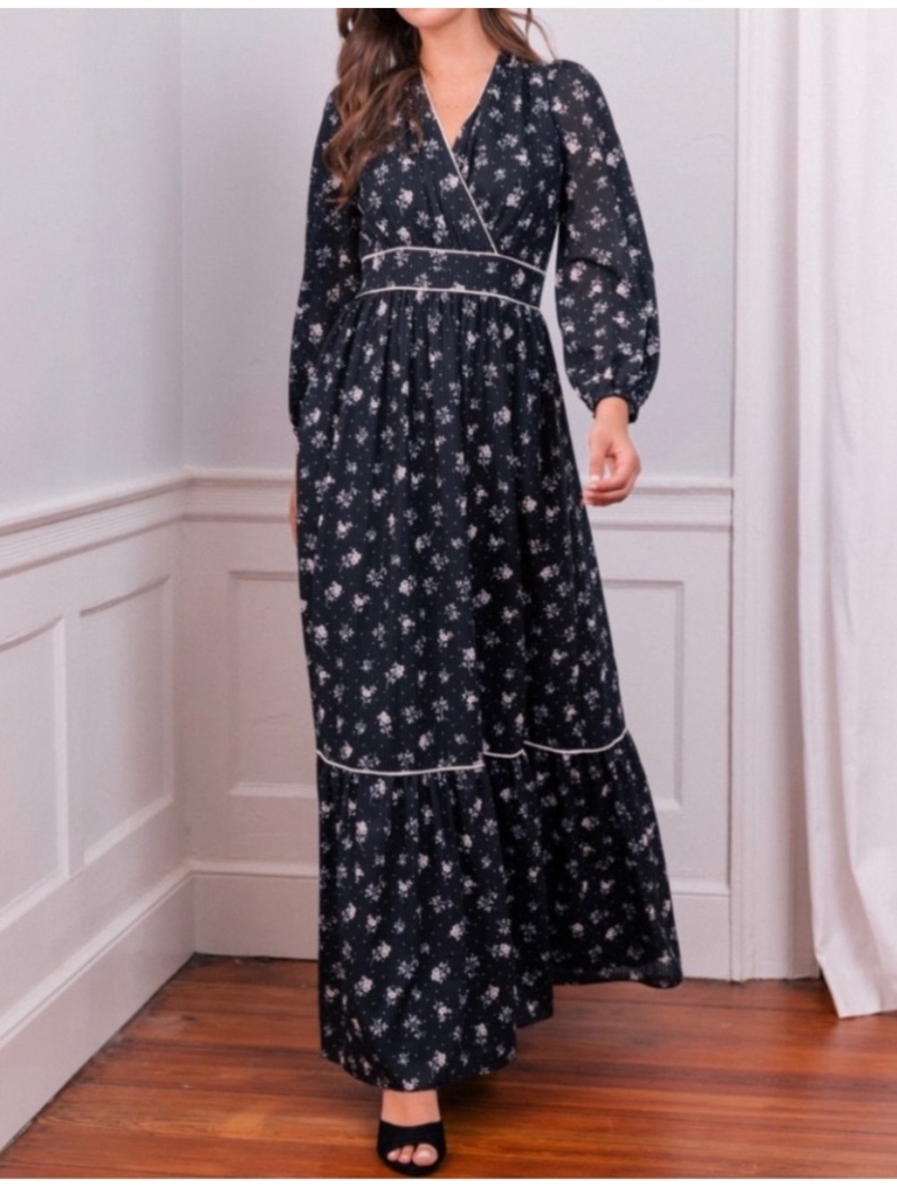 Anthro Gal Meets Glam Maxi Dress Sz 2 w MEASUREMENTS Floral Print V-Neck Black - Picture 12 of 13